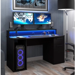 Czarne biurko 140x65 cm z oświetleniem RGB i nadstawką na monitor